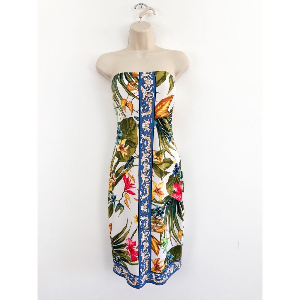 Cache Women’s Y2K Bright Tropical Floral Strapless Stretch Jersey Fitted Mini Dr